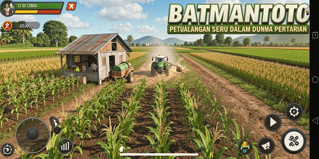 Screenshot gameplay BATMANTOTO yang menawan dengan pertanian yang subur.