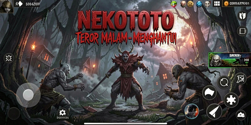 Screenshot gameplay NEKOTOTO yang menampilkan momen menegangkan saat berhadapan dengan makhluk misterius.