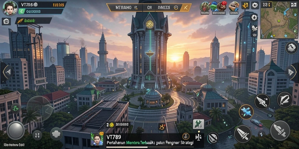 Screenshot utama VT789 menampilkan pertahanan menara yang sedang beraksi.